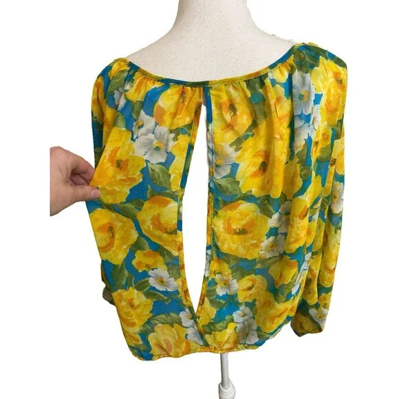 Ambiance Apparel Blouse Women's L Blue & Yellow Floral Semi Sheer Long Sleeve - Picture 5 of 6